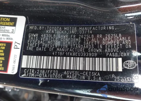 2014 Toyota Camry L/Le/Se/Se Sport/Xle z USA, uszkodzony, nr VIN 4T1BF1FK8EU393909